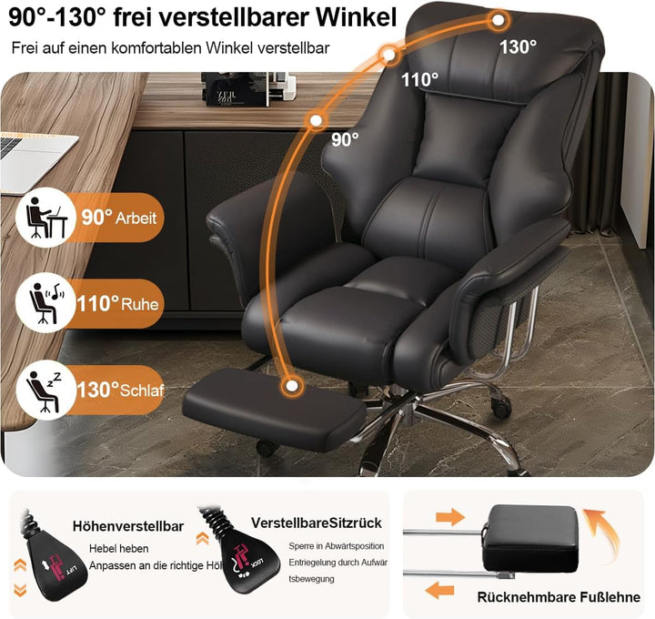 Bürostuhl mit Fussstütze & Lendenwirbelstütze – Ergonomischer Gaming-Stuhl mit höhenverstellbarem Ko