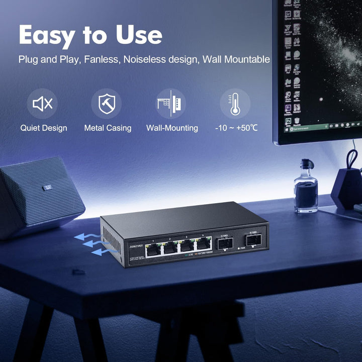 YuLinca 4 Port 2.5G Netzwerk Switch mit 2x10G SFP, 4 x 2.5GBASE-T Ports, kompatibel mit 100/1000/250