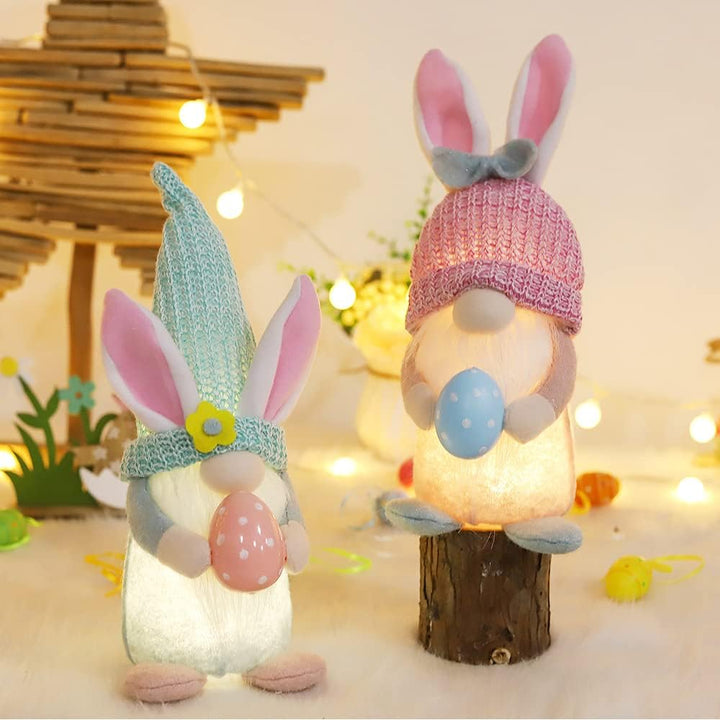 Osterdeko Wichtel Figuren Kleine, Beleuchteter Wichtel Ostern Mit Led, Osterwichtel Hase Rosa Mit Ei