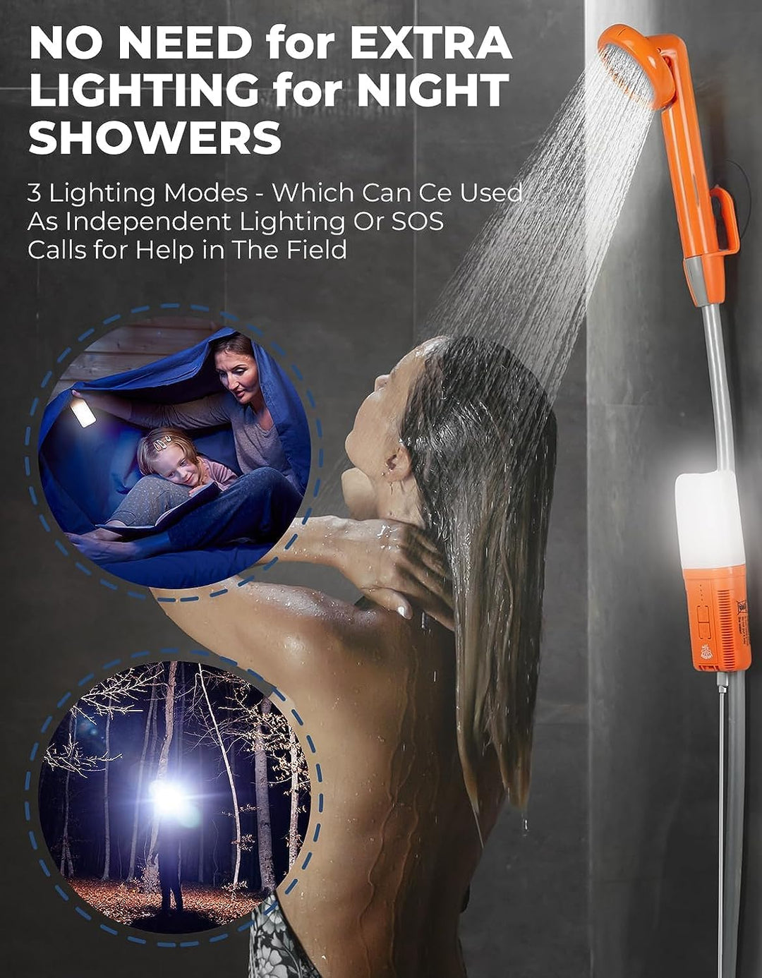 Zooma Camping Dusche Outdoor, 2-in-1 Tragbare Duschen mit Licht, Campingdusche mit Tauchpumpe, Garte