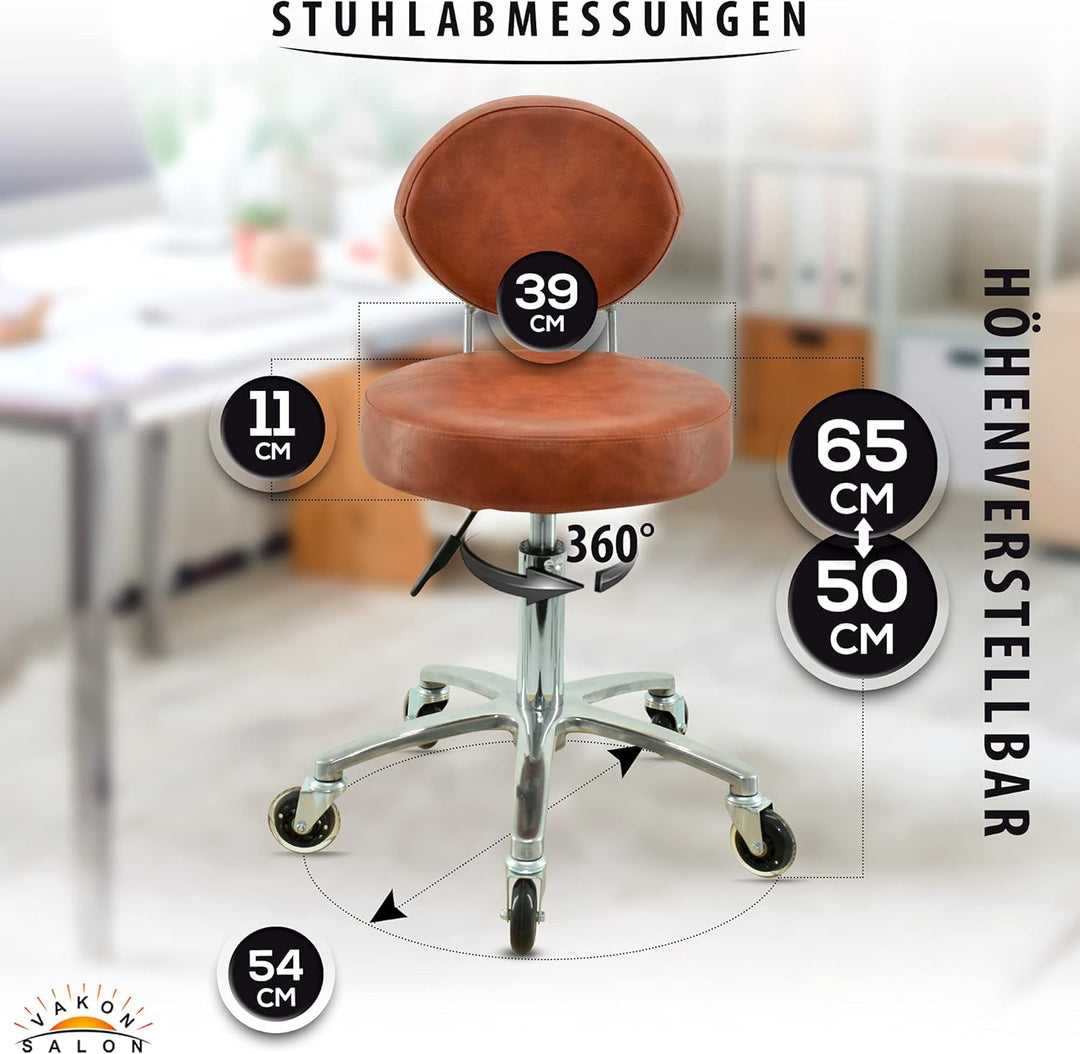 Premium Rollhocker Hellbraun mit ovaler Lehne höhenverstellbar von 50 bis 65 cm - Rundsitz- Drehhock