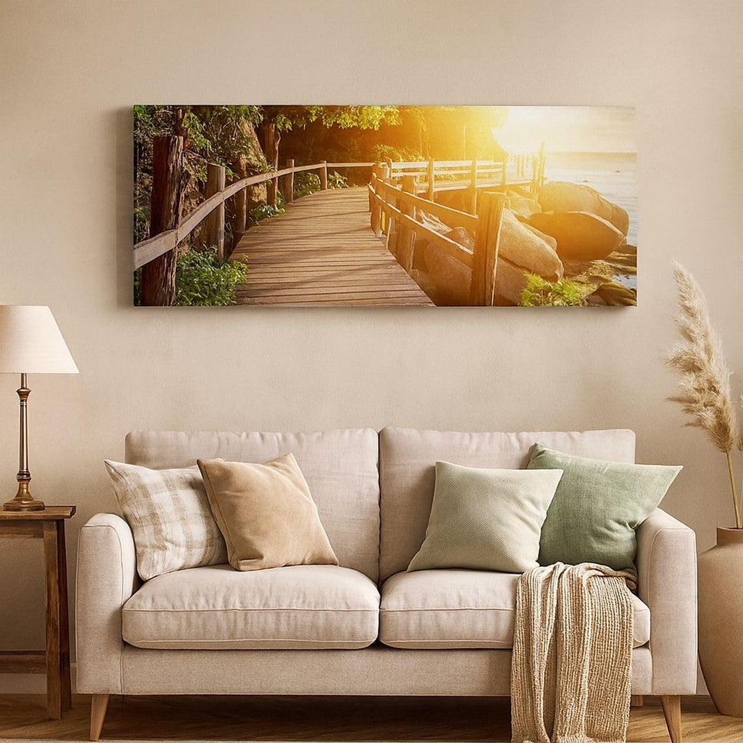 Wandbilder Dekoration Wohnzimmer Brücke Meer Welle Panorama Bilder auf Leinwand 120x50cm Leinwandbil