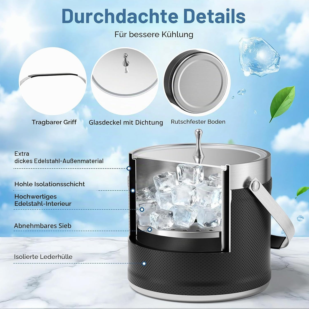3.2L Eiswürfelbehälter mit Deckel, Eiskübel für die Eiswürfel Aufbewahrung mit Zange, Sieb, Schaufel