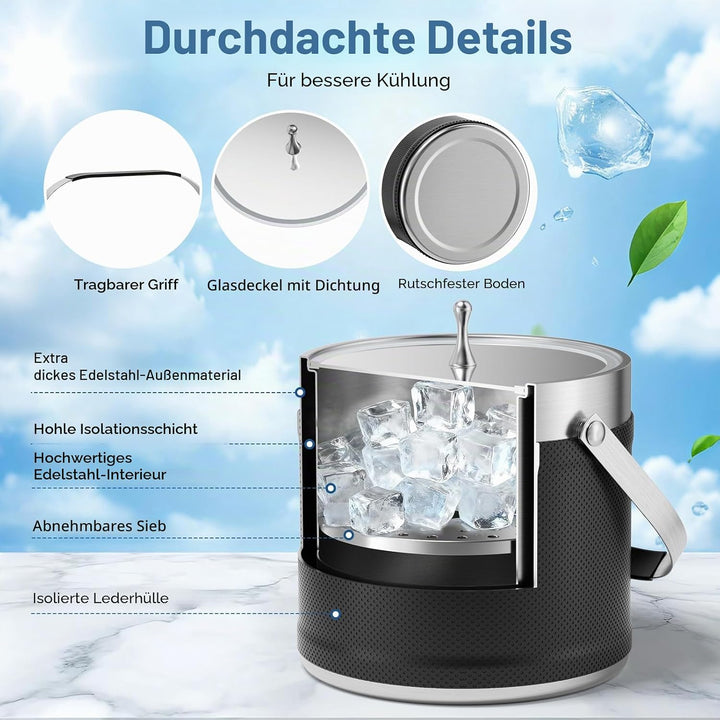3.2L Eiswürfelbehälter mit Deckel, Eiskübel für die Eiswürfel Aufbewahrung mit Zange, Sieb, Schaufel