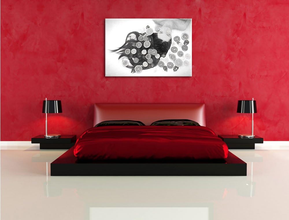 Pixxprint Hübsche Frau mit Obstscheiben Kohle Zeichnung Effekt, Format: 100x70 auf Leinwand, XXL rie