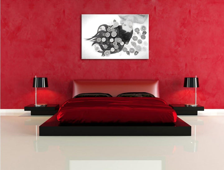 Pixxprint Hübsche Frau mit Obstscheiben Kohle Zeichnung Effekt, Format: 100x70 auf Leinwand, XXL rie