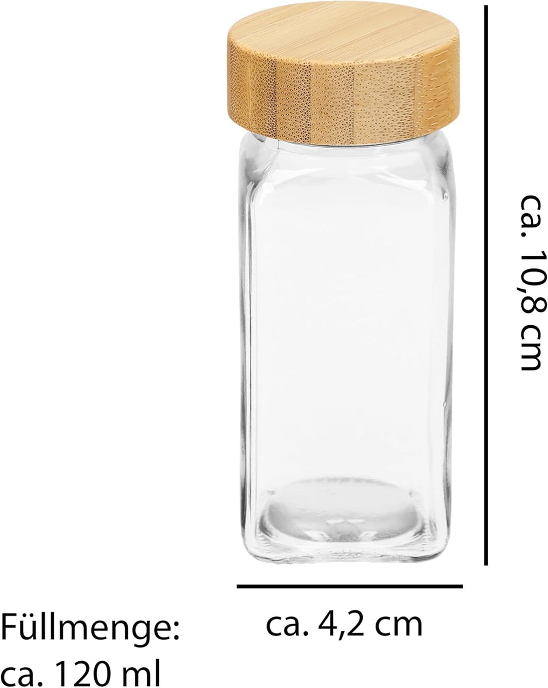 VonBueren Gewürzgläser eckig mit Bambusdeckel | Set mit 24 x 120 ml | Gewürzbehälter mit Streueinsat