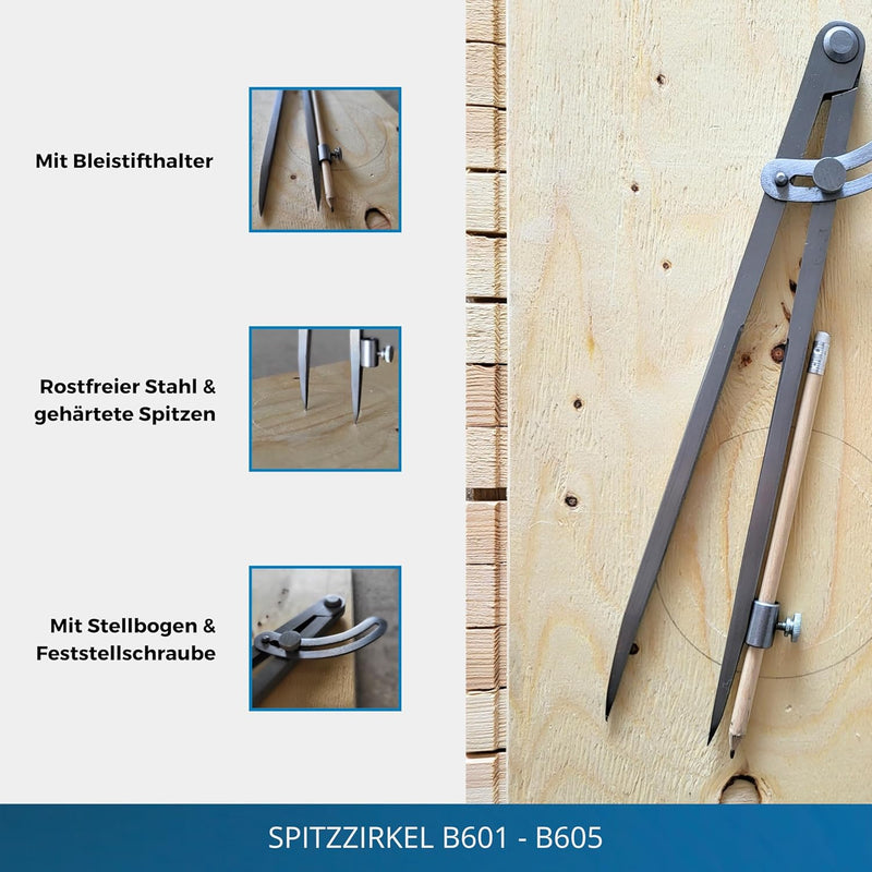 HEDUE® Spitzzirkel B605 - Zirkel mit Stifthalter & Stellbogen, Anreisszirkel, Präzisions Zirkel Holz