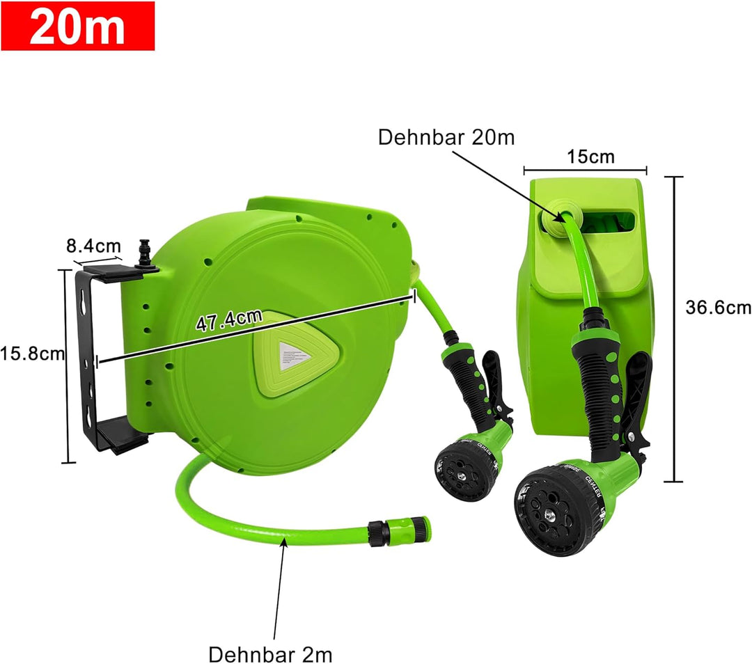 YRHome 20m Gartenschlauch Schlauchtrommel Wandmontage, Automatik Aufrollfunktion, 9 Funktionen Sprüh