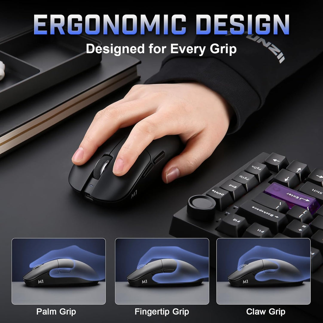 YUNZII M1 Kabellose Gaming-Maus, BT/2.4G Wireless/Wired Ultralight Mouse, PAW3311-Sensor 10000 DPI,