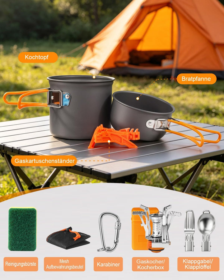 AUTOPkio Camping Geschirr Set für 1-2 Personen mit Mini Campingkocher, Faltbare Aluminium Camping Ko