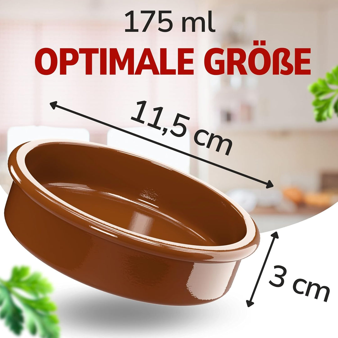 ToCi 12 x Tapas-Schalen Braun Ø 11,5 cm – Spanische Cazuela Schälchen aus Ton 175 ml - Kleine Auflau