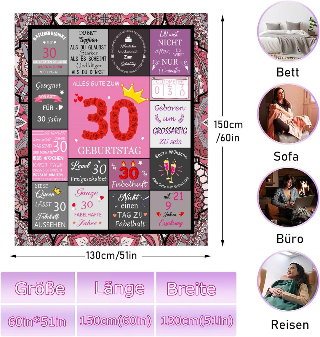 30 Geschenke für Frauen Decke, Flauschig Wohndecke,Geschenk 30. Geburtstag Frau Decke,Geburtstaggesc