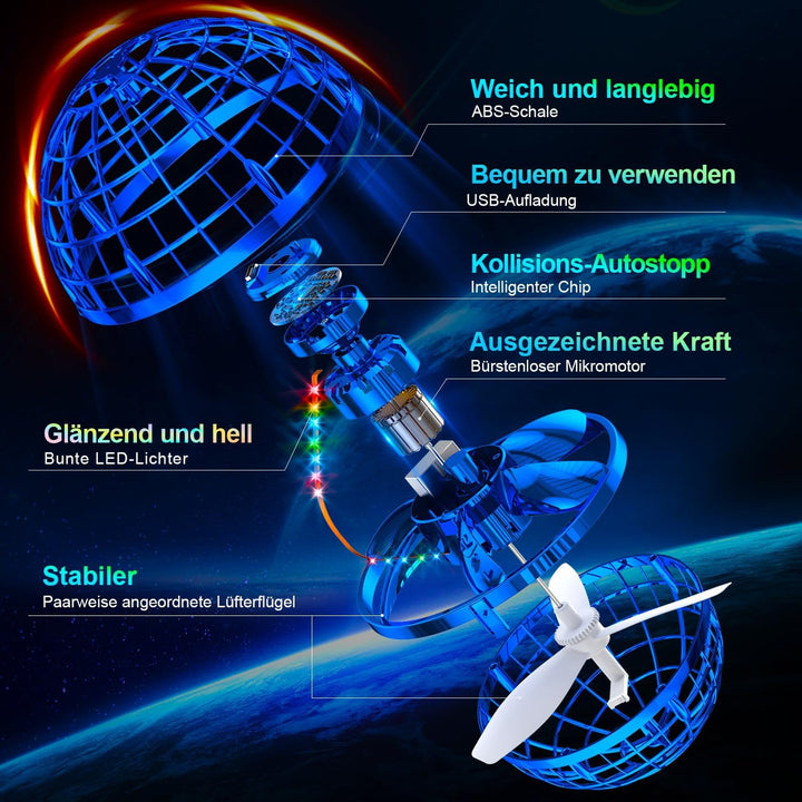 Fliegender Ball Spielzeug (Blau), LED Flying Spinner, Magic Hover Schwebe Magischer Ball, Bumerang D