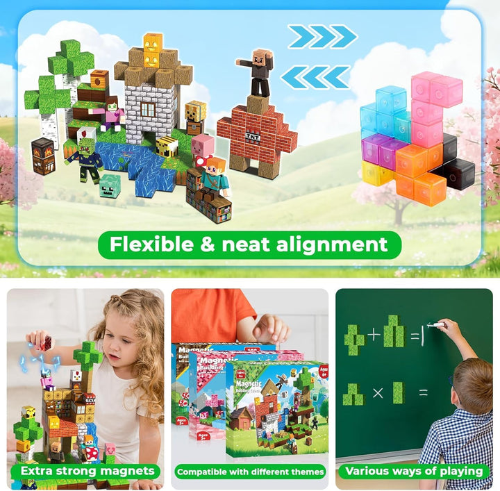 Magnetische Bausteine 164 Stück Magnetbausteine im Magischer Wald Abenteuer Set mit 4 Figuren, Pilzh