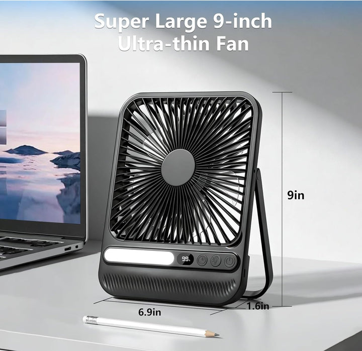 10000mAh Akku Ventilator, Sehr Leiser Tischventilator mit Lampe, 23 cm hoch, bis zu 28 Std. Laufzeit