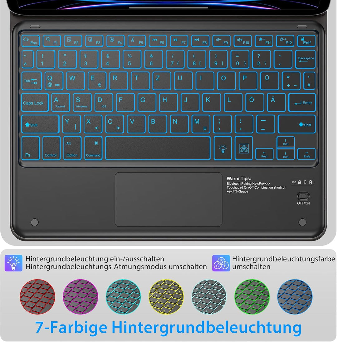 KBCASE Bluetooth Tastatur mit Touchpad Tastatur Kabellose mit 7 Farben Beleuchtete Wireless Bluetoot