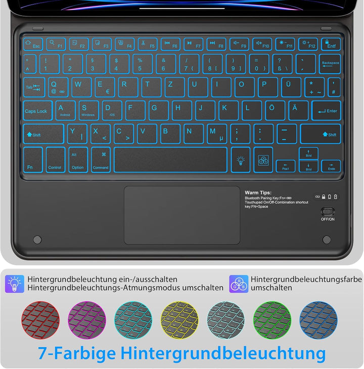 KBCASE Bluetooth Tastatur mit Touchpad Tastatur Kabellose mit 7 Farben Beleuchtete Wireless Bluetoot