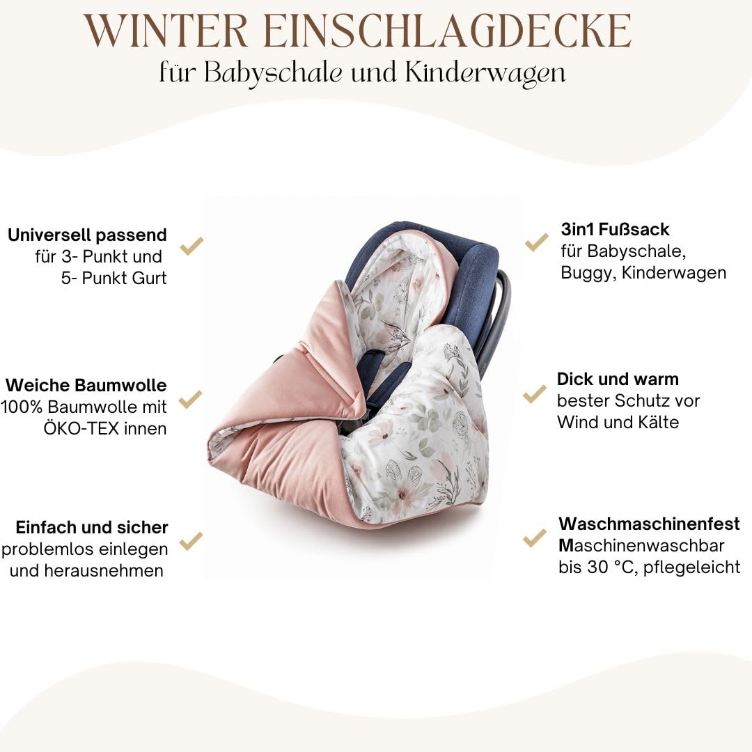 BABEES© Wattierte Einschlagdecke mit Füllung für Babyschale Autositz, Universal,V warm Minky VBaby D
