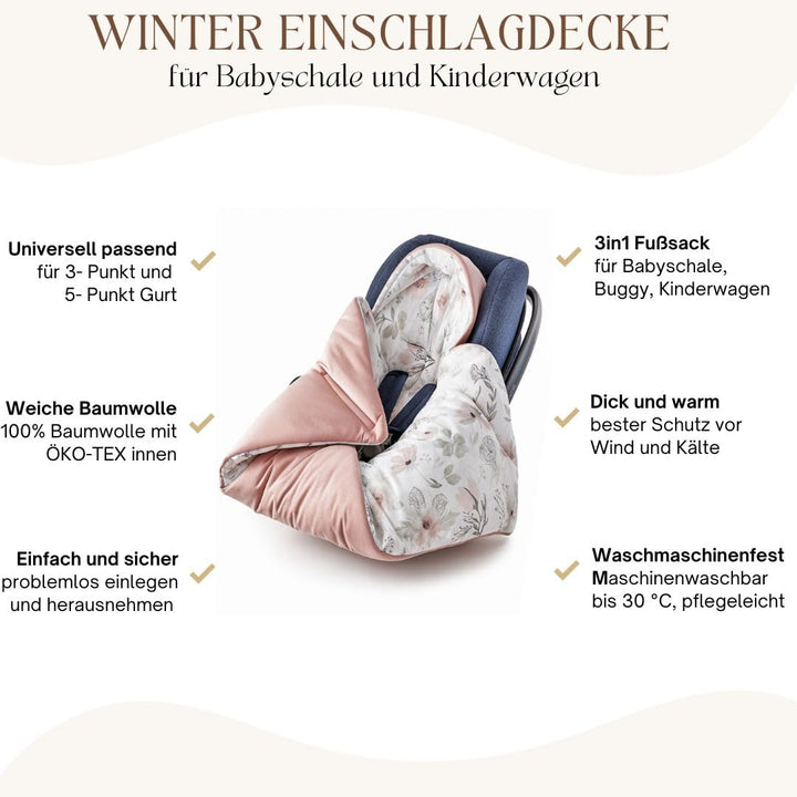 BABEES© Wattierte Einschlagdecke mit Füllung für Babyschale Autositz, Universal,V warm Minky VBaby D
