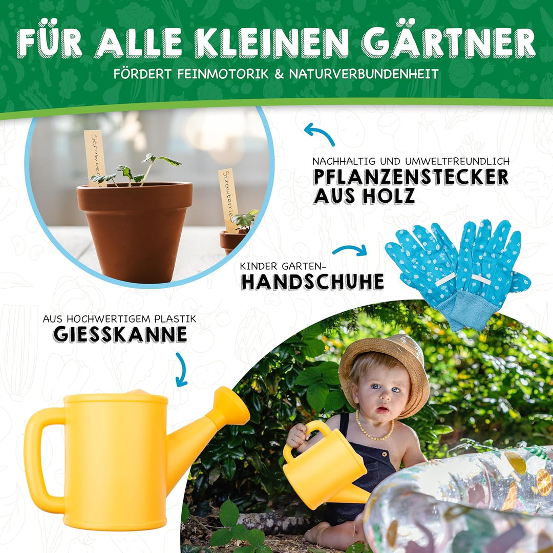 PHIBER-SPORTS Kinder Gartenwerkzeug Set (11 Teile) mit Kindergartenbuch - Gartengeräte für Kinder ab
