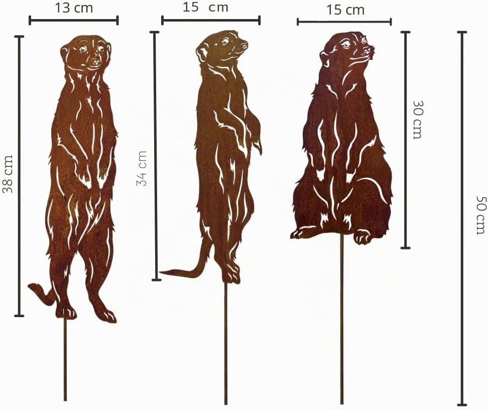 Terma Rostfigur Gartenstecker Set Erdmännchen 40–45 cm – Deko Tierfigur aus Metall mit Spiess – Rost