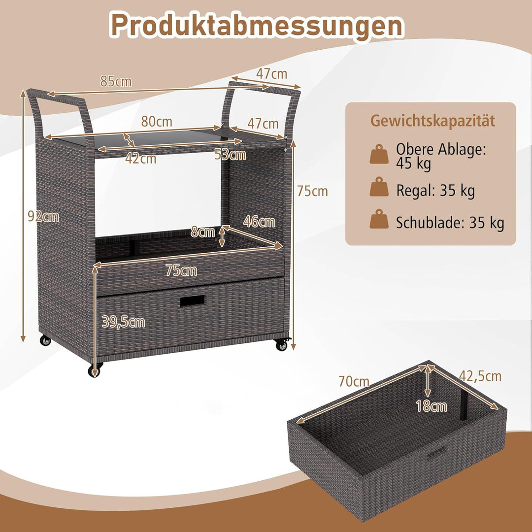 COSTWAY Grillwagen Outdoor, Rattan Servierwagen mit gehärteter Glasplatte, offenes Ablagefach & Schu