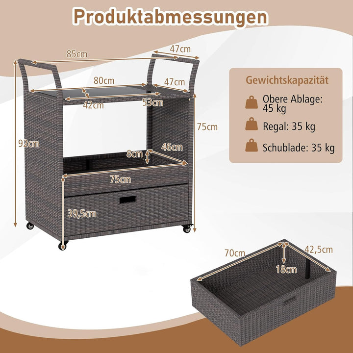 COSTWAY Grillwagen Outdoor, Rattan Servierwagen mit gehärteter Glasplatte, offenes Ablagefach & Schu