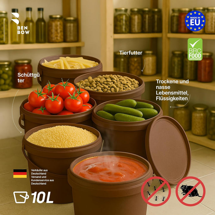 BenBow Eimer mit Deckel 10l Braun 50x 10 Liter - lebensmittelecht, stabil, luftdicht, auslaufsicher,