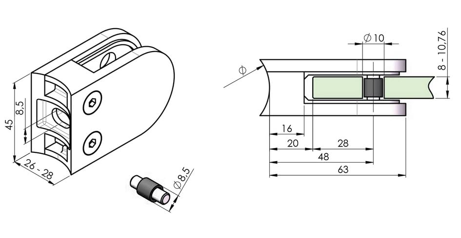 Sellon24® Edelstahl Geländerpfosten Eckig rechts 40x40 Bauhöhe 1000mm Vierkantrohr mit Glashalter Vi