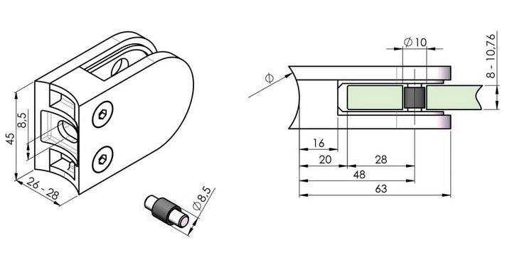 Sellon24® Edelstahl Geländerpfosten Eckig rechts 40x40 Bauhöhe 1000mm Vierkantrohr mit Glashalter Vi