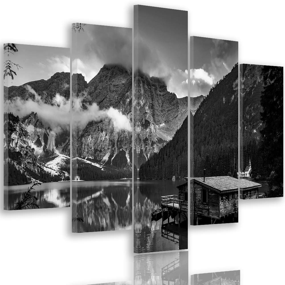 Feeby Bilder Berge 200x100 cm - Leinwandbild 5 Teilig XXL Kunstdruck Hütte See schwarz Leinwandbild