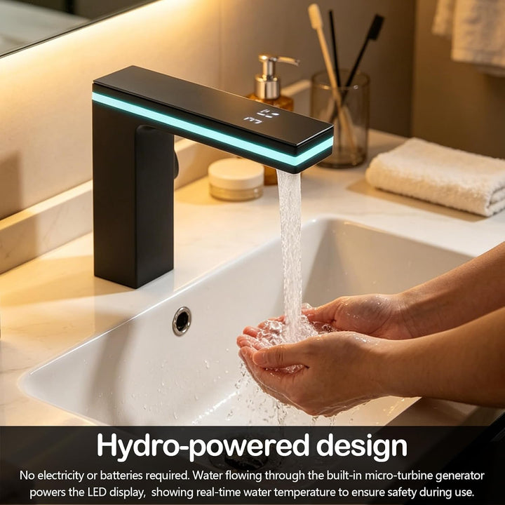 Mischbatterie Wasserhahn Badezimmer, Wasserhahn Bad Schwarz mit LED-Temperaturanzeige Digitalanzeige