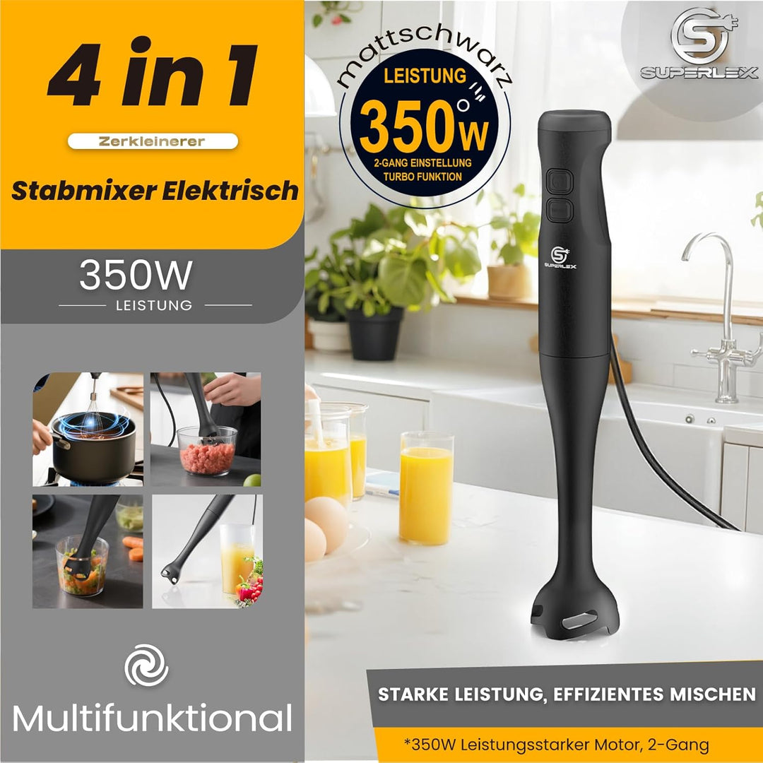 Stabmixer 4 in 1 Pürierstab Hand Blender Mixer Set Elektrische Zwei Geschwindigkeitsstufen Mit Mixst