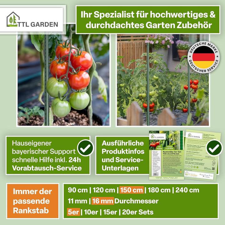 TTL GARDEN Rankstäbe 5er Set 150cm x 16mm Ø grün - extra stabile 16 mm Rankhilfe Pflanzstäbe Stahl r