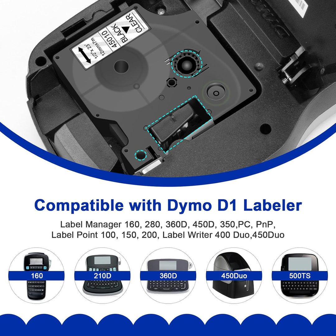 4x 45010 Etikettenband 12mm Kompatibel mit Dymo D1 Plastic Clear Schriftbänder, Schwarz auf Transpar