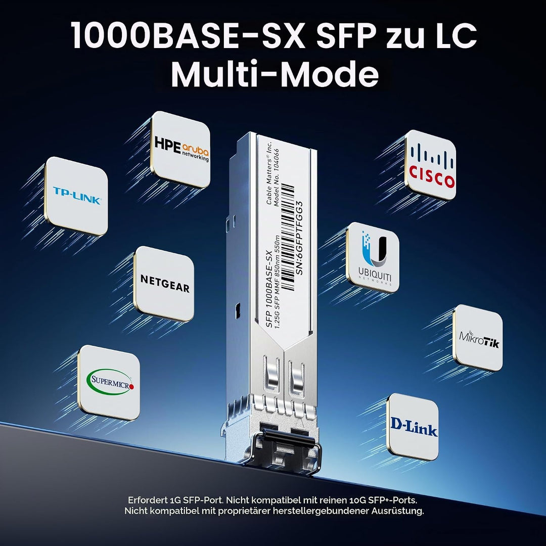 Cable Matters 2er-Pack 1000BASE-SX SFP LC Multimode Glasfaser Transceiver Modul, 1.25G, 850 nm, MMF