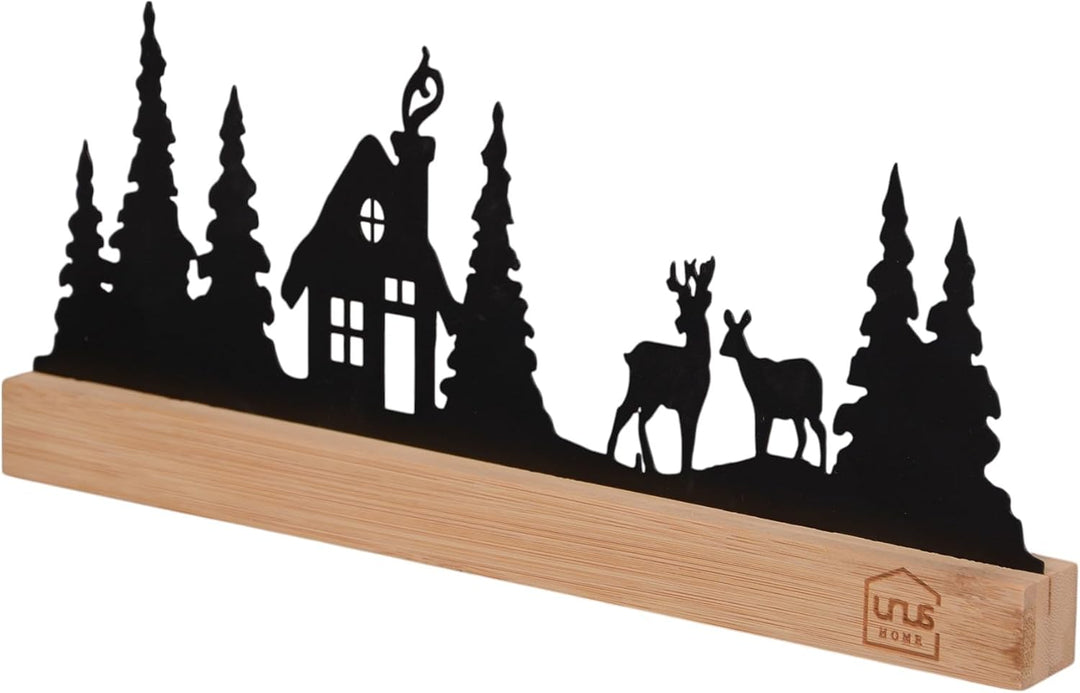 UNUS Aufsteller Haus im Wald mit Rehen Winterdeko aus Metall mit Bambusfuss 30x13 cm Schwarz oder We