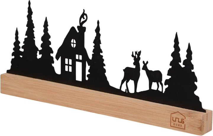 UNUS Aufsteller Haus im Wald mit Rehen Winterdeko aus Metall mit Bambusfuss 30x13 cm Schwarz oder We