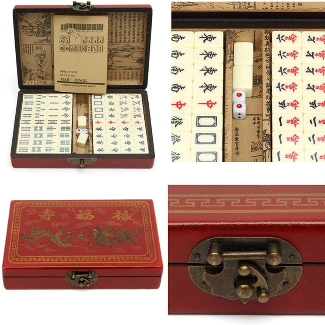 Tragbares Mahjong Spielset, 144 Fliesen Mah-Jong Set, Vintage Mahjong Ledertragetasche