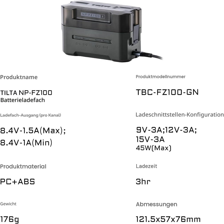 Tilta NP-FZ100 Akkuladegerät 4-Kanal mit USB-C Ladekabel | Kompatibel mit NP-FZ100 Batterien, Ladeca