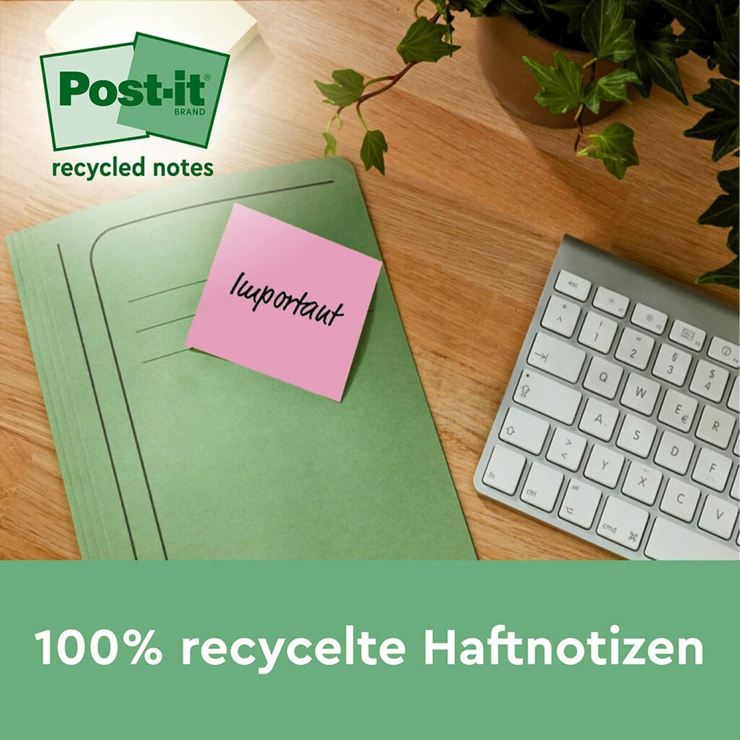 Post-it Recycling Notes, Assortierte Farben, Packung mit 16 Blöcken, 100 Blatt pro Block, 76 mm x 76