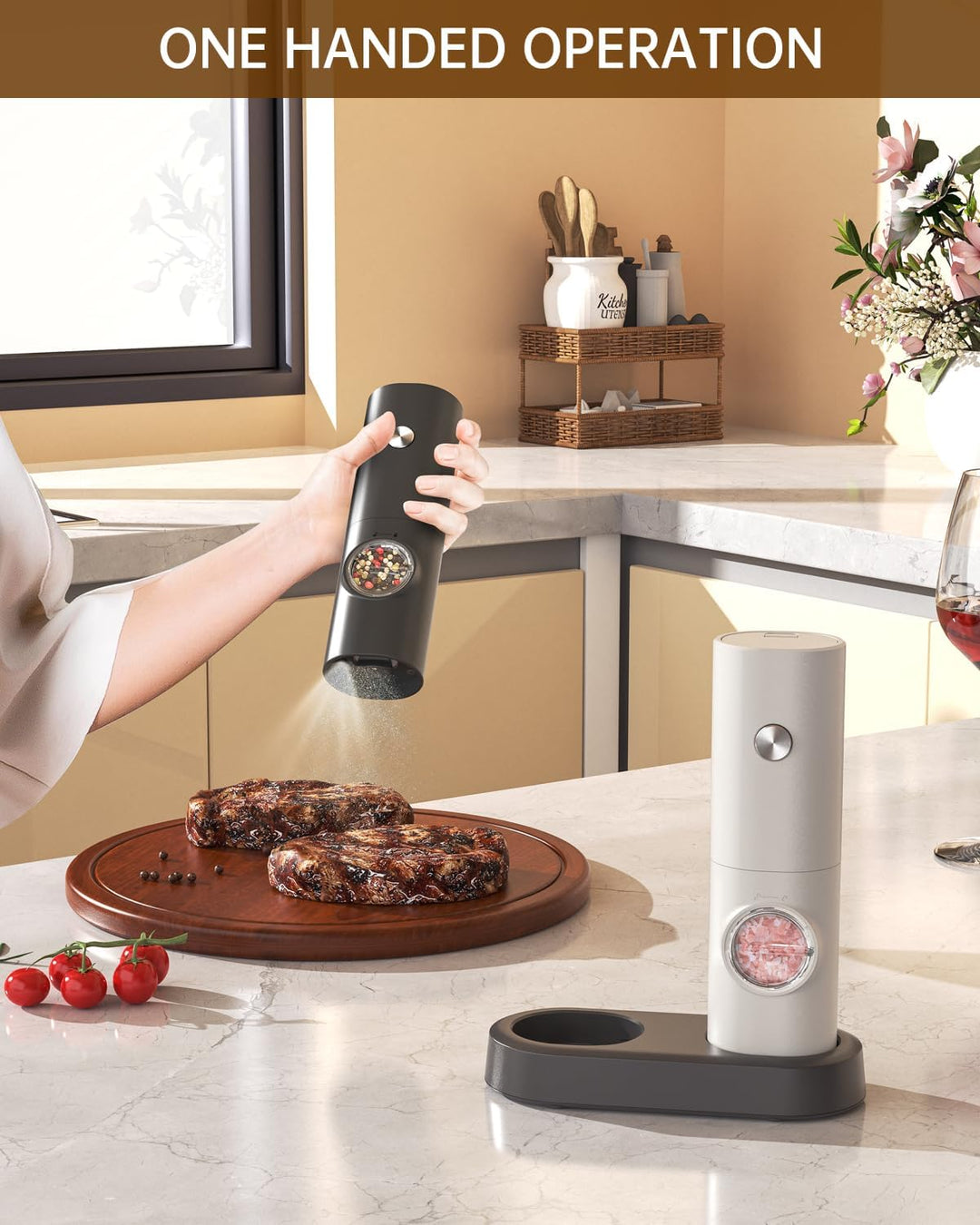 CIRCLE JOY Salz und Pfeffermühlen Elektrische 2er Set Batteriebetriebenen Gewürzmühle mit Basis, Wei