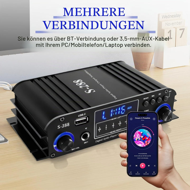 4-Kanal Verstärker, 1200W Audio Leistungsverstärker Bluetooth 5.0, 30Wx4 mit USB/Mikrofon/FM mit Fer