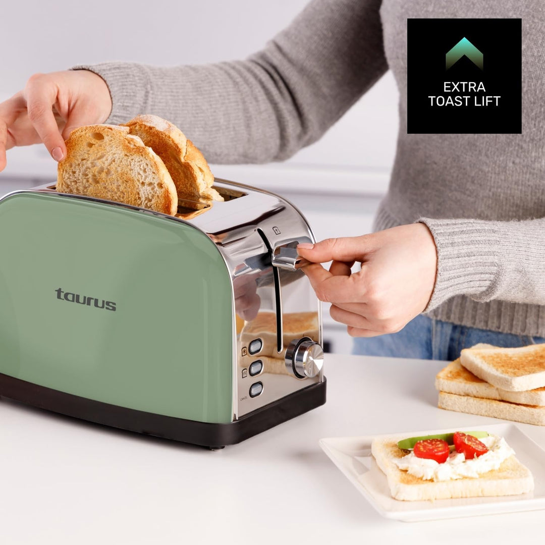 Taurus – Toaster Vintage II Olive, 950W, 2 kurze Schlitze, 7 Stufen, 3 Funktionen, Edelstahl, Zentri