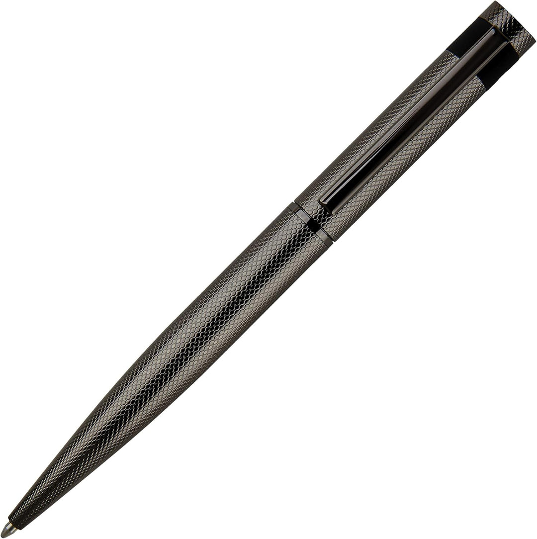 Hugo Boss Loop Diamond Kugelschreiber aus Messing in der Farbe Gun, Länge: 14,6cm, Minenfarbe: Blau,