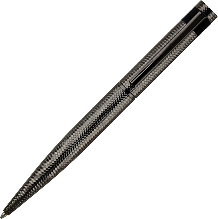 Hugo Boss Loop Diamond Kugelschreiber aus Messing in der Farbe Gun, Länge: 14,6cm, Minenfarbe: Blau,