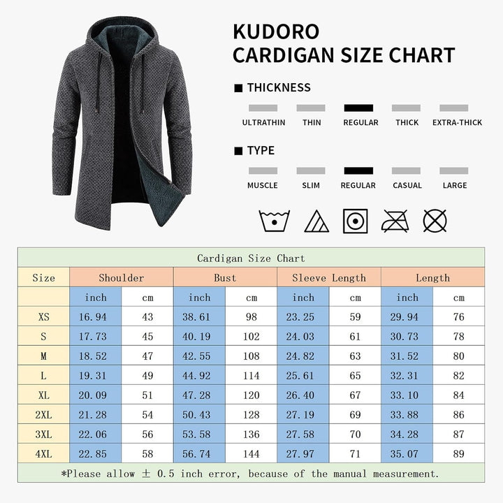 KUDORO Strickjacke Herren Cardigan Lang Trachtenjacke Kapuze mit Kapuze Gestrickt Pullover Hoodie Wi