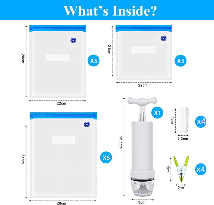 Sous Vide Beutel 15 Stück Wiederverwendbare Vakuum Lebensmittellagerbeutel mit 1 Handpumpe, 4 Versch