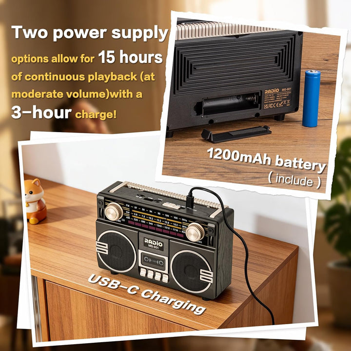 Tendak Retro Radio AM/FM/SW, Nostalgie Radio mit 1200mAh Akku, Kofferradio mit 6.0 Bluetooth, Küchen